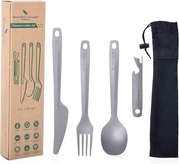 Boundless Voyage Utility Cutlery Set Titanium Spoon Fork Knife & Bottle Opener for Travel Camping in Easy to Store Cloth Case Ti1066T