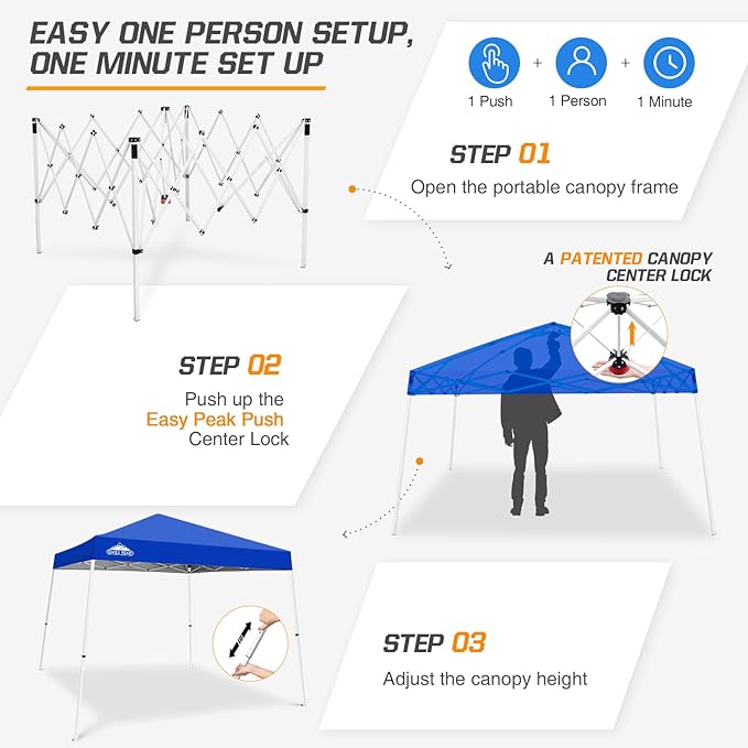 EAGLE PEAK 10x10 Slant Leg Pop-up Canopy Tent Easy One Person Setup Instant Outdoor Beach Canopy Folding Portable Sports Shelter 10x10 Base 8x8 Top (Blue)