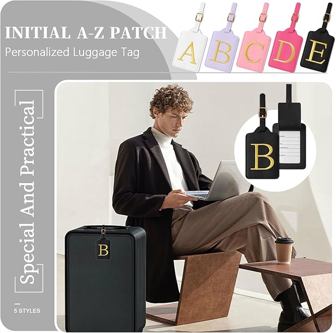Personalized Initial Luggage Tags for Suitcase TSA Approved, Black Leather Cute Luggage Tag with Privacy Cover Name Card, Embroidered Custom Luggage Tags Travel Backpack Tags Gifts for Women Kids(B)