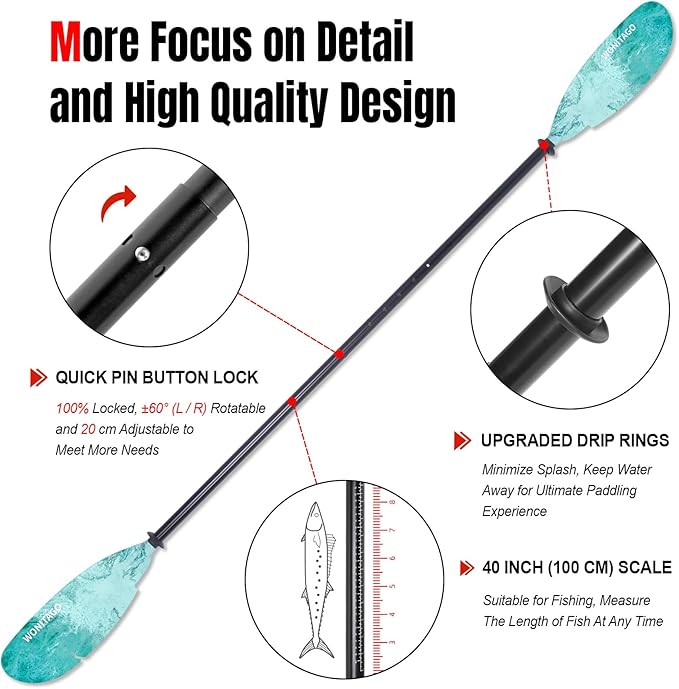 Angler Kayak Paddles Aluminum Paddle with Plastic Blades and Paddle Leash, Floating Adjustable Fishing Kayak Oars, 3 Piece, 230-250cm/90-98 inch