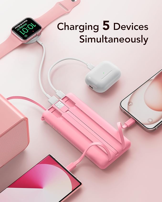 VRURC Portable Charger Power Bank, 10000mAh Travel Essentials Battery Pack, 5 Outputs 2 Inputs Slim Charging Bank Built-in Cables Cords Wires Compatible with iPhone,Samsung,Android-Barbie Pink(1 Pack)
