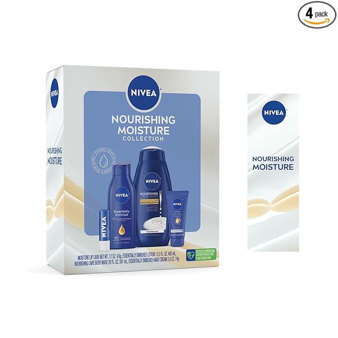 NIVEA Skin Care Set For Her, Nourishing Body Wash, Moisturizing Body Lotion, Lip Balm Stick with Shea Butter, & Hand Cream, 4 Piece Gift Set