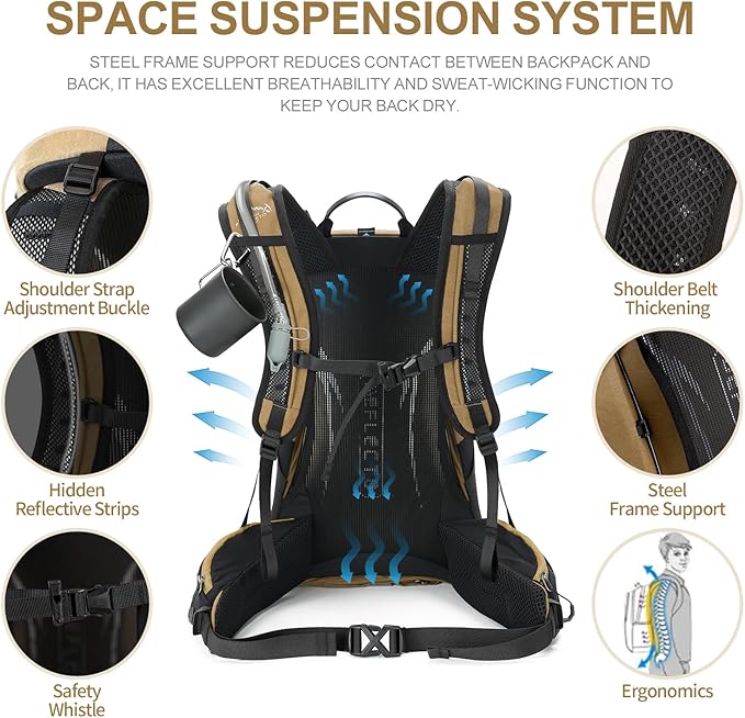 Hiking Backpack, Waterproof Hiking Daypack with 3L Water Bladder and Rain Cover, Lightweight Travel Camping Backpack for Men Women (Khaki)