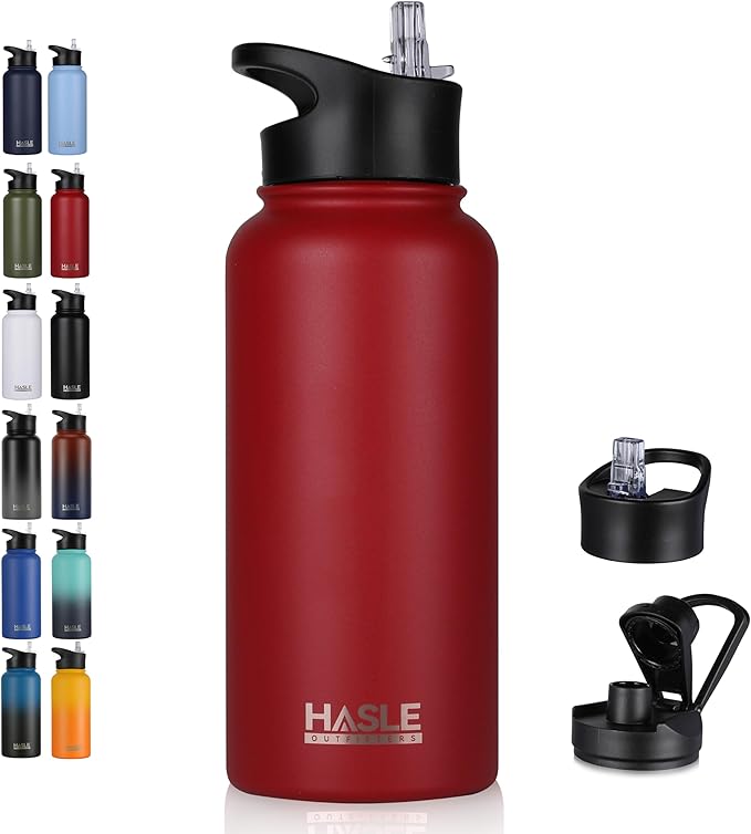 HASLE OUTFITTERS 32 oz Insulated Water Bottle Stainless Steel Double Walled Vacuum Sports Water Bottle with 2 Lids (Straw and Spout Lid) for Gym Camping Hiking(Red,1)