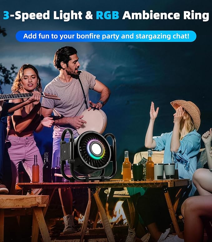 Oscillating Camping Fan Rechargeable - 16000mAh Battery Powered Fan with 6 Winds Night & RGB Ambient Light Digital Display 120° Vertical & horizontal Rotation for Camping Tent Fishing Outdoor