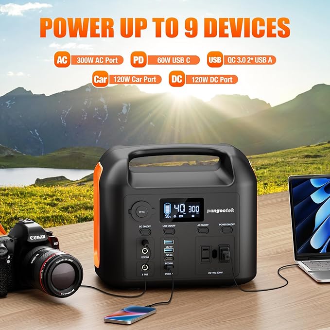 Portable Power Station, 300W (600W Peak) 299Wh LiFePO4 Solar Generator Pure Sine Wave 110V AC Car Outlets PD 60W QC3.0 Backup Power Supply Bank for CPAP Outdoor RV Camping Emergency Home Use