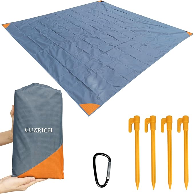 Large Beach Blanket 9FT Foldable Lightweight Picnic Mat Portable Camping Tarp Tent Blankets Washable Quick Dry Rug Compact Beach Mats Hiking Outdoor Essentials (Gray/Orange 118"*110"/9.19ft×9.84ft)