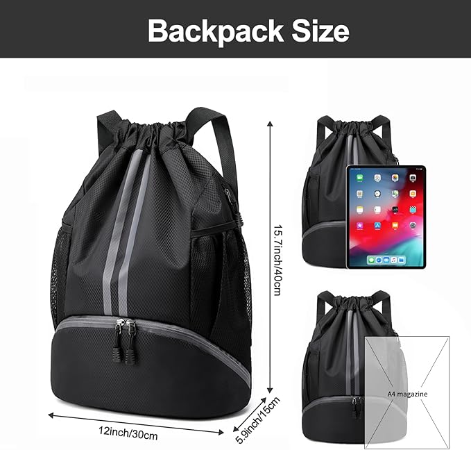 Hoedia Sports Drawstring Backpack - String Swim Gym Bag with Shoes Compartment and Wet Proof Pocket for Women and Men