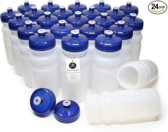 Rolling Sands USA Made 20 Ounce Sports Water Bottles - 24-Pack Bulk BPA-Free Blank Sports Bottles for Teams & Classrooms - Clear Frost Bottle/Navy Lid, No Smell No Taste