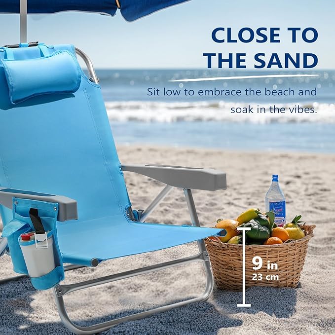 5-Position Aluminum Lay Flat Backpack Beach Chair, Compact Portable Low Beach Chairs for Adults with Cooler Pouch, Storage Pouch, Towel Bar, Cup Holder & Phone Holder, Blue