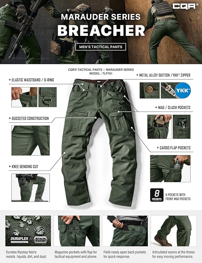 CQR Men's Flex Ripstop Tactical Pants, Water Resistant Stretch Cargo Pants, Lightweight EDC Hiking Work Pants