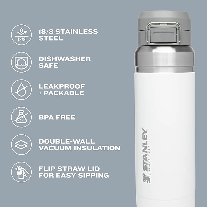 Stanley Quick Flip GO Water Bottle 24 oz | Push Button Lid | Leakproof and Packable for Travel and Sports | Insulated Stainless Steel | BPA-Free | Rose Quartz