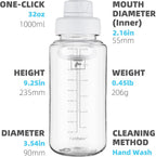 Fanhaw 32 oz Clear Water Bottle with Fast-Flow Spout Lid, BPA-Free Tritan, Wide Mouth, Leakproof, Reusable Bottle for Gym, School, Office, Travel (Clear&White)