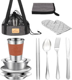 Camping Mess Kit - 1 to 2 persons Camping Dishes includes Cups, Bowls, Knives, Forks, Spoons, Camping Dinnerware Set Camping Cooking Utensils Accessories Plates Dinnerware Set