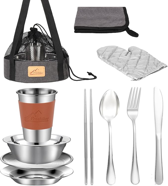 Camping Mess Kit - 1 to 2 persons Camping Dishes includes Cups, Bowls, Knives, Forks, Spoons, Camping Dinnerware Set Camping Cooking Utensils Accessories Plates Dinnerware Set