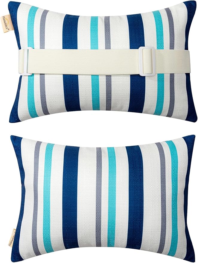 Chaise Lounge Head Resting Pillows, Blue Decorative Oudoor Patio Pillow with Insert & Adjustable Elastic Stripe for Recliner,Beach Chair,Office Chair Neck or Lumbar Attachment,Waterproof 2 Pack