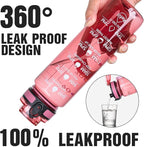 OLDLEY Water Bottle, 32oz Motivational Sports Water Bottle with Time Marker - Times to Drink - Tritan, BPA Free, Wide Mouth Leakproof,Clear Red