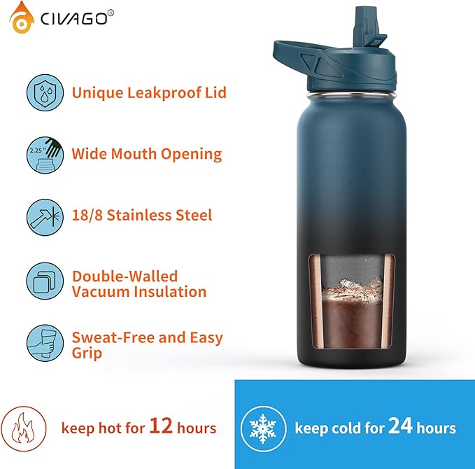 CIVAGO 22 oz Insulated Water Bottle With Straw, Stainless Steel Sports Water Flask Cup with 3 Lids (Straw, Portable Spout and Handle Lid), Double Walled Travel Thermal Canteen Mug, Navy Blue