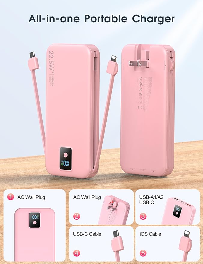 Portable Charger, 12000mAh 22.5W Fast Charging Power Bank with Built-in Cables & Wall Plug, Travel Essential Battery Pack with LED Display, USB C Battery Phone Charger for iPhone, iPad, Samsung Pink