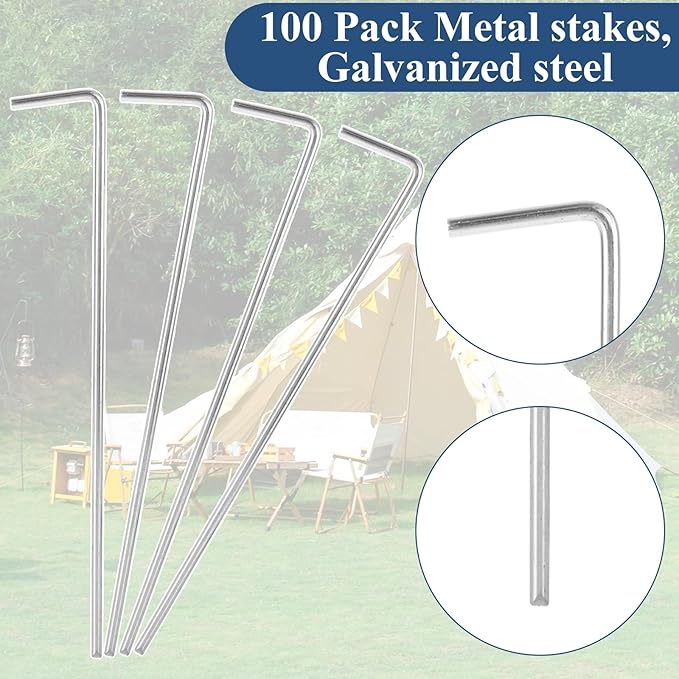 MIVIDE 100 Pack 8.26 inch Tent Stakes, Galvanized Steel Metal Tent Stakes Pegs, Garden Stakes Edging Fence Hooks Pegs for Camping, Shelters, Tarp, Canopies, Christmas Decoration Stakes