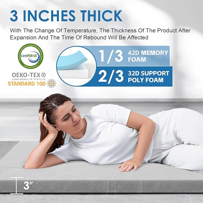 KingChii CertiPUR-US Memory Foam Camping Mattress, Portable Roll Up Travel Car Camping Mattress Sleeping Pad & Floor Mattress, Cot Mattress Guest Bed for Sleepover with Waterproof Cover & Travel Bag