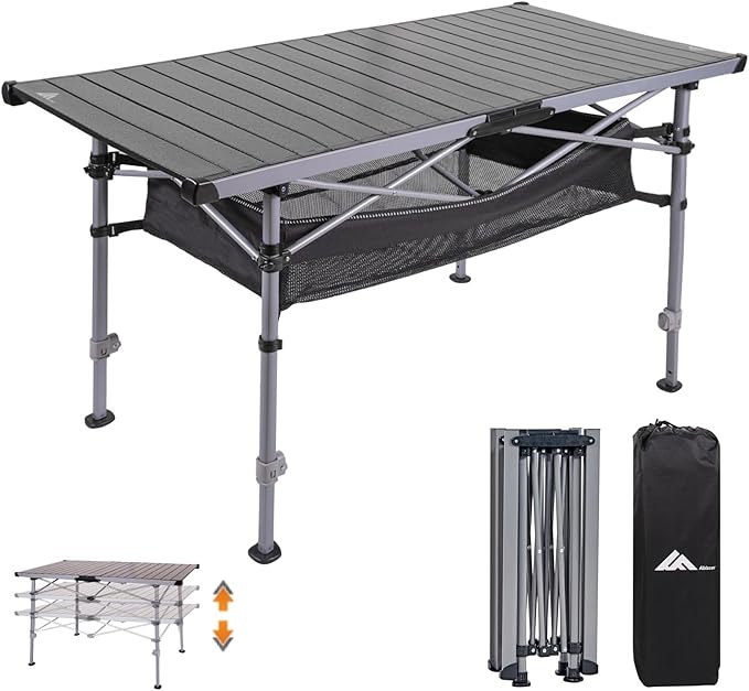 Ablazer Camping Table with Carry Bag, Adjustable Height Portable Table for Outdoor, Camping, Picnic, Beach, Aluminum Picnic Roll-up Table for 4-6 Person
