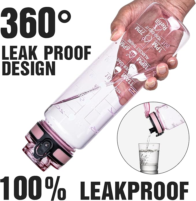 OLDLEY Water Bottle, 32oz Motivational Sports Water Bottle with Time Marker - Times to Drink - Tritan, BPA Free, Wide Mouth Leakproof,Clear Pink