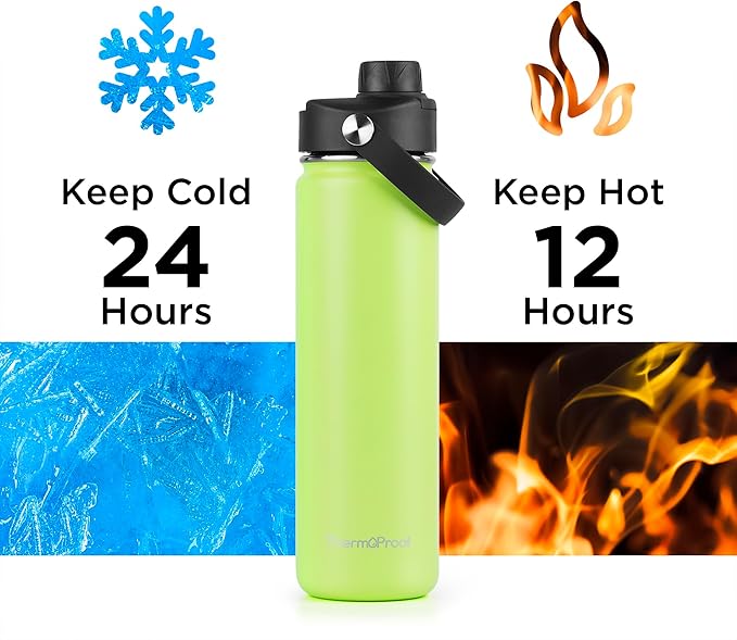 ThermoProof Double-Walled Vacuum Insulated Stainless Steel Water Bottle - Wide Mouth with Chug & Spout Lids, Dishwasher Safe, Reusable, Leakproof, Hot & Cold for Men, Women & Kids - 22oz, Fresh Mint