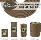TECEUM 5/32" Paracord Rope 1000 – 1000ft / 200ft / 100ft / 50ft – Tactical Parachute Cord 4mm – 45+ Colors – Nylon String for Survival & Camping Gear – Stripe Cord for Survival – Utility Rope