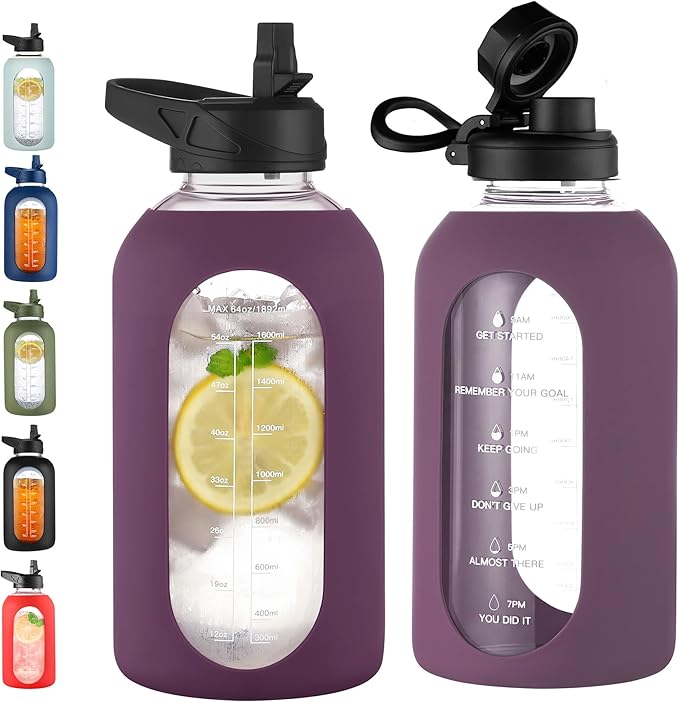 CIVAGO 64 oz Glass Water Bottle Jug with Straw and Handle, Half Gallon Sports Motivational Water Bottle with Time Marker, Wide Mouth Flask Canteen with Silicone Sleeve for Gym, Mauve