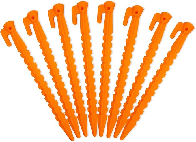 Camping Tent Stake Pegs / 8 Pack Outdoor Plastic Stakes for Christmas Holiday Decoration Bounce House Rain Tarps Outdoor Activities, Durable Plastic, Safety Orange-8.8inches