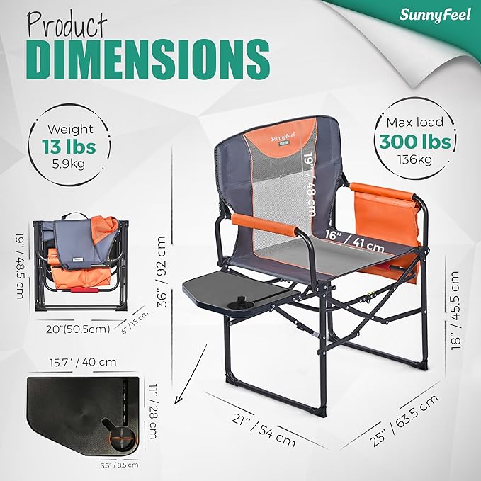 SUNNYFEEL Camping Directors Chair, Heavy Duty,Oversized Portable Folding Chair with Side Table, Pocket for Beach, Fishing,Trip,Picnic,Lawn,Concert Outdoor Foldable Camp Chairs