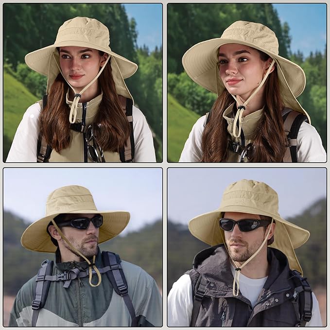 Sun Hats for Men Women, UPF50+ Protection Safari Hat,Wide Brim Fishing Hat with Neck Flap,Bucket Hats for Beach Hiking