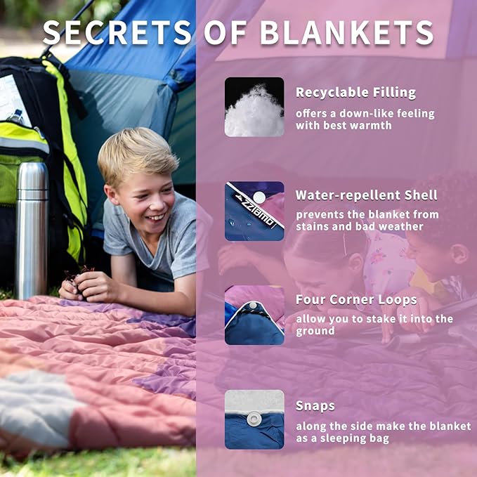zzlamb Camping Blanket, Outdoor Lightweight Travel Blanket Puffy Portable Down Alternative, Windproof Warm Cloak with Snaps, Cozy Quilt Backpacking Picnic RV Plane Car Hammock Beach Climbing