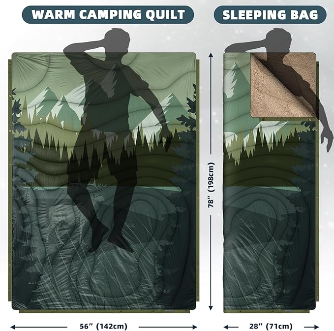 Outdoor Camping Blanket with Sherpa Lining, Extra Warm Thick Camp Blankets and Puffy Ultralight Soft Poncho DWR Camping Quilt for Cold Weather, Adventure, Sleeping, Backpacking 78"x 56"