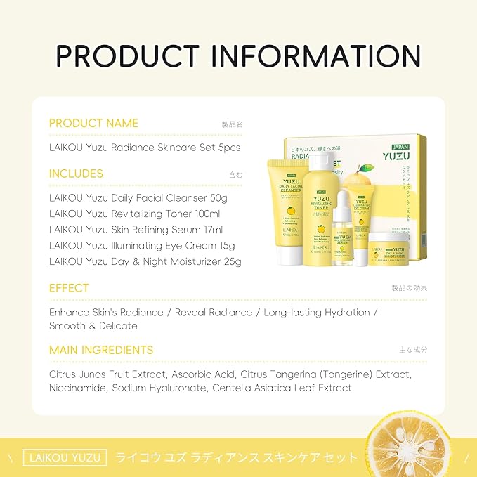 LAIKOU YUZU Skin Care, Skin Care Set with Serum, Cleanser, Toner, Eye Cream, Day & Night Moisturizer for Women Teen Girls Mom Daughter Mother's Day Christmas Birthday Beginner Kit TSA-friendly 5pcs