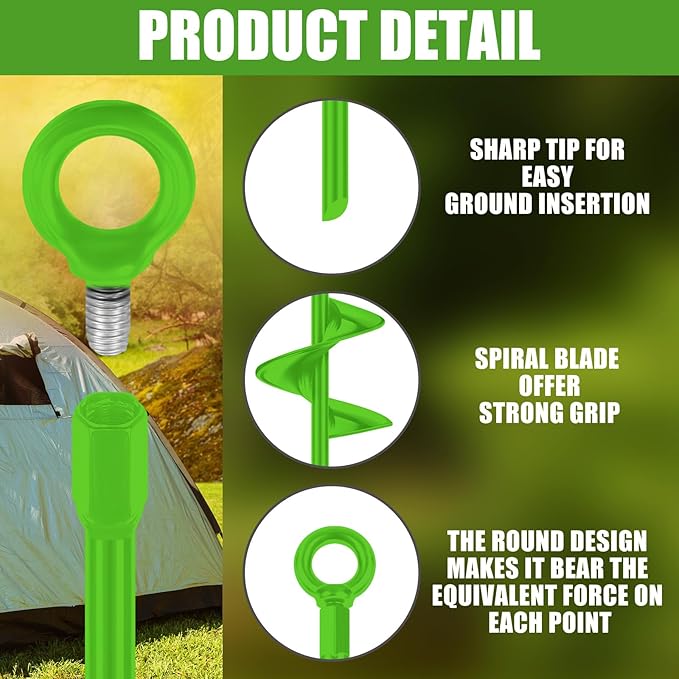 Lasnten 6 Pcs 30 Inch Heavy Duty Ground Anchor Spiral Blade Earth Anchor Kit Metal Anchor Hook Beach Sand Stakes Camping for Securing Animals, Shelters, Tents, Canopies (Light Green)