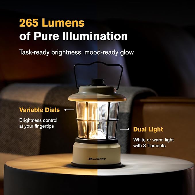 LUXPRO Retro LED Lantern - Battery-Powered Emergency Lantern - Water Resistant - Bright LED Lamp for Indoor & Outdoor Use - Use for Tents, Hiking or Hurricane Prep (Beige, Pack of 2)