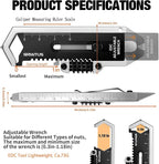 Small Multitool Wrench 9 in 1 Pocket Adjustable Wrench for Screw with Mini Pry Bar Nail Puller Keychain Tool Caliper Measuring Ruler Glass Breaker EDC Gadget Survival Gear for Men Cycling Hiking