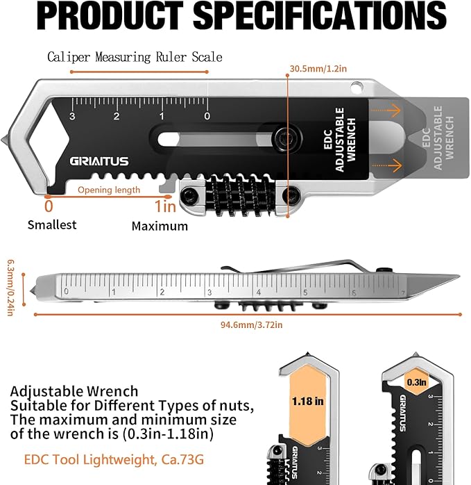 Small Multitool Wrench 9 in 1 Pocket Adjustable Wrench for Screw with Mini Pry Bar Nail Puller Keychain Tool Caliper Measuring Ruler Glass Breaker EDC Gadget Survival Gear for Men Cycling Hiking