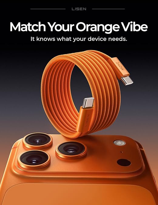 LISEN USB C to USB C Cable, 240W C to C Cable Fast Charging [10FT, 2 Pack] Type C Charger Fast Charging USBC to USBC Cable for iPhone 17 16 15 Pro Max iPad MacBook Neo Air Pro Samsung S26, Orange