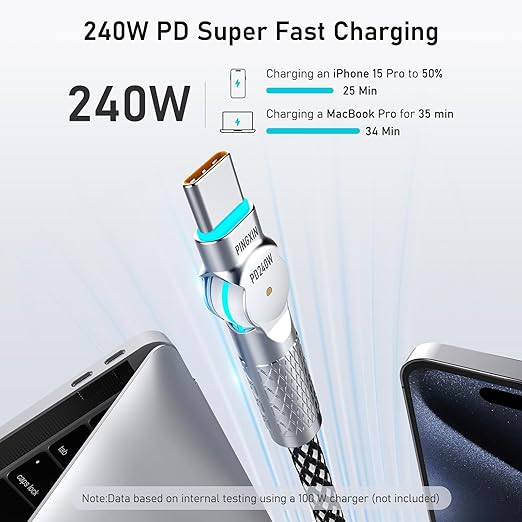 USB C to USB C Cable 6.6ft,240W 2-Pack Braided 180°Rotating Type C Charging CableFast Charge for iPhone 16/16Pro/16Plus/16ProMax,MacBook Air,iPad Pro,Pixel,Samsung Galaxy S23/S24 Ultra-Black