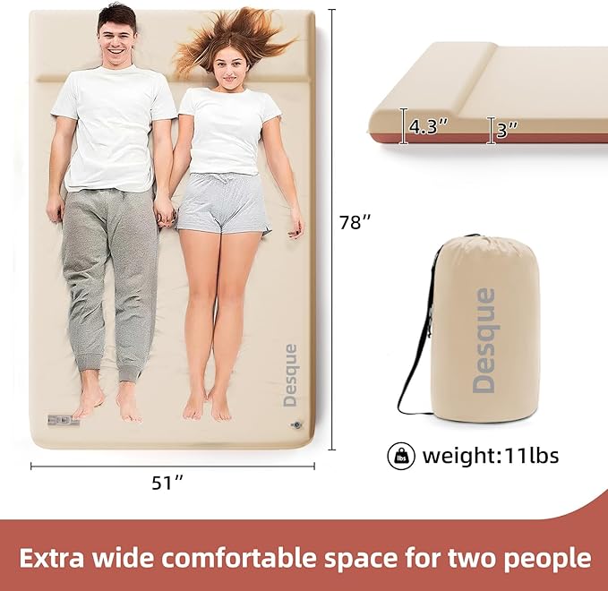 Full Self Inflating Sleeping Pad Built-in Electric Pump, 3.14" Thick Air & Memory Foam Camping Mattress, 2 Person Outdoor Camping Mat for Rooftop Tent Car Truck Van Car Traveling Double