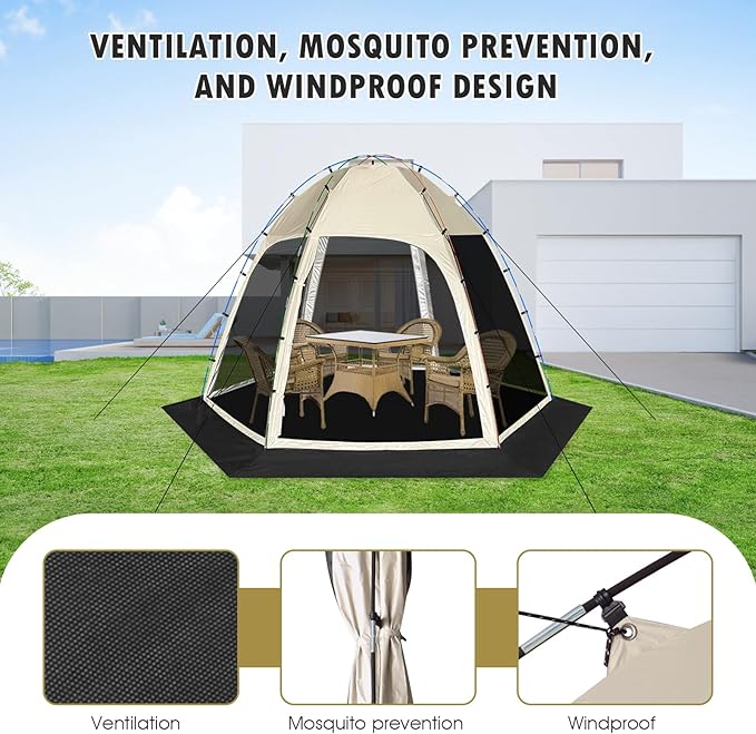 Screen Tent with Removable Floor, Siebwin Large 11.8'x11.8' Gazebos with Mosquito Netting and Removable Floor Sunproof Outdoor Canopy Tent for Backyard Khaki Party Outside Activities, Khaki