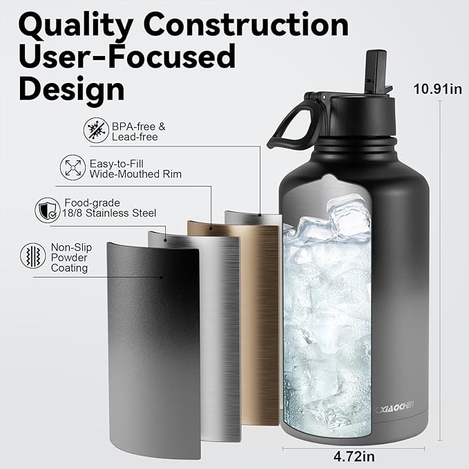 KXIAOCHEN Insulated Water Bottle, Stainless Steel Water Bottle, 2 Lids (Straw and Handle Lid),Wide Mouth Metal Water Bottles Keep Hot and Cold, Double Walled, Thermo Mug, Metal Canteen