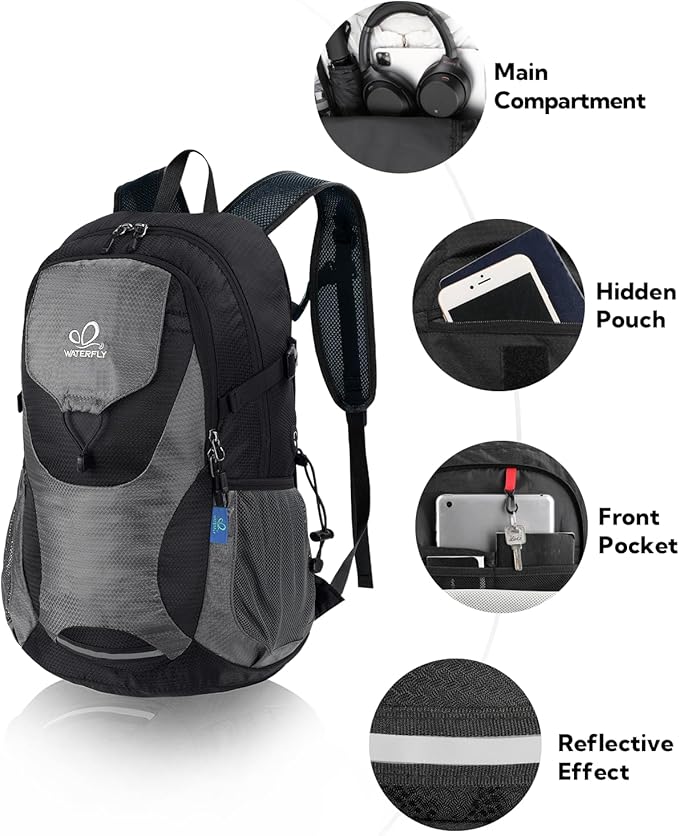 WATERFLY Lightweight Packable Hiking Backpack: 30L Foldable Travel Daypack Ultralight Camping Day Pack for Woman Man
