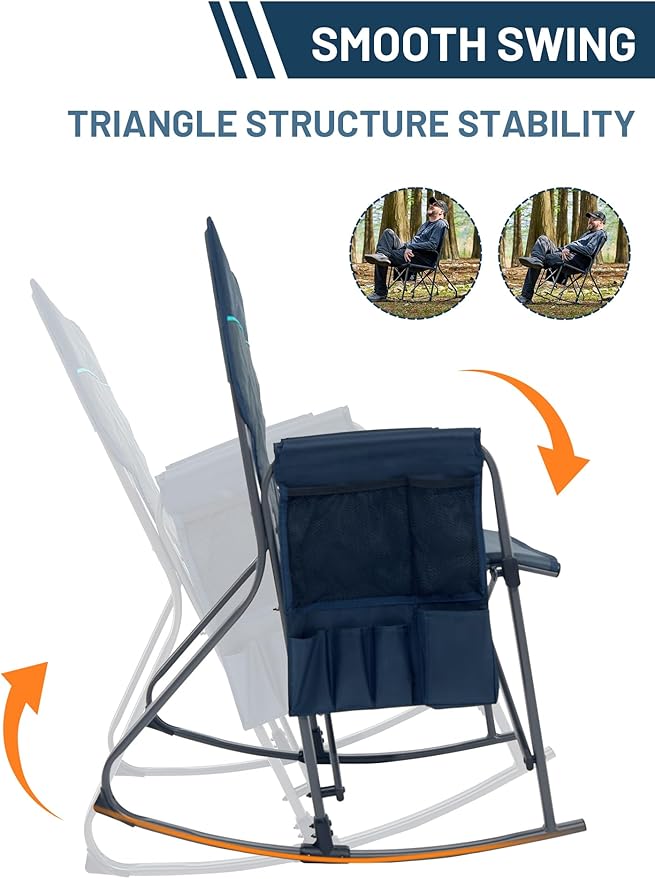 TIMBER RIDGE Folding Oversized Rocking Camping Chair, 400lbs Capacity Portable Outdoor Rocker with Hard Armrests, Cup Holder & Side Pocket, Quick-Fold Design for Outdoor, Patio, Lawn, Blue