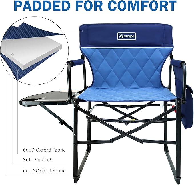 Camping Folding Chairs for Outside, Foldable Camp Chairs for Adults Heavy Duty, Oversized Directors Camping Chair with Table for Picnic, Lawn Large Comfy Camping Chair, 350 LBS Capacity, Blue