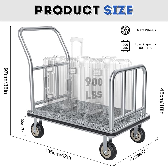 Hotel Luggage Cart, Brushed Stainless Steel Finish Bellman's Cart, Valet Cart with Grey Carpeted Deck and 8‘’ Rubber Wheels, Ideal for Hotels, Condos, Resorts, 1300Lbs Load (Silver, 38''L x 42''H)