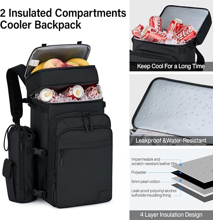 Backpack Cooler, 40 Cans Soft Leak Proof Picnic Backpack, Hanke Portable 2 Insulated Compartments Cooler Backpack Water Resistant for Lunch Beach Travel Camping Picnic Hiking (Black)